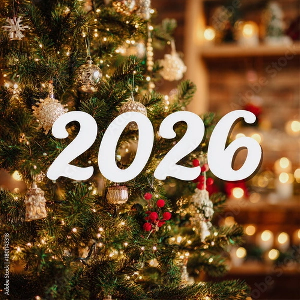 Fototapeta Warm Christmas tree lights glow softly behind bold white 2026 numbers, creating a festive holiday mood. Golden ornaments, cozy bokeh and evergreen branches add depth, magic and warmth to the scene.