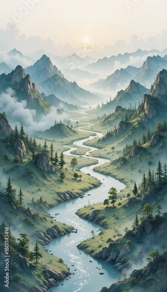 Obraz A serene landscape painting of a winding river flowing through misty evergreen mountains at sunrise.
