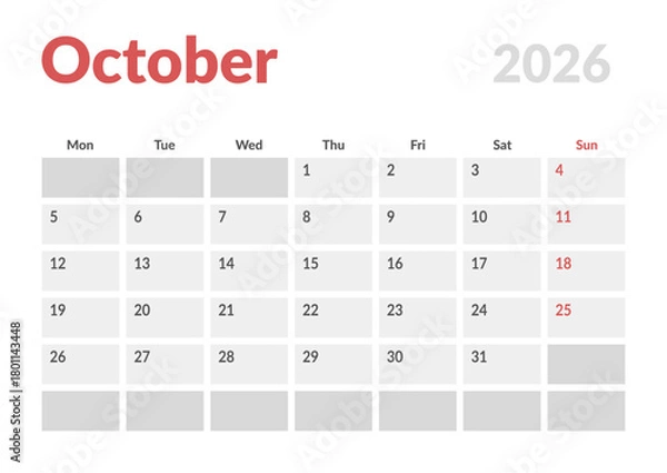 Obraz Monthly page Calendar Planner Template design of October 2026. Vector layout of calendar with week start Monday for Scheduling. Page for size A4 or 21x29.7 cm