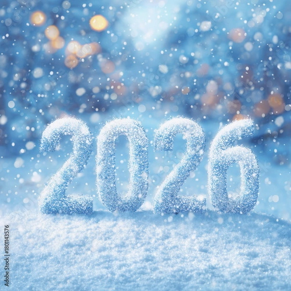 Fototapeta Icy frosted digits forming 2026 stand in a snowy winter landscape with sparkling blue tones. A cold, magical New Year mood perfect for Christmas visuals, winter campaigns and seasonal branding.
