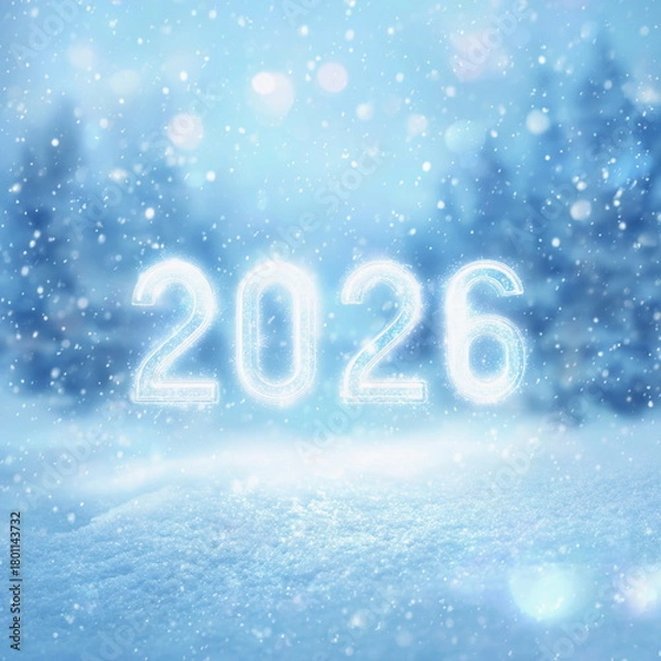 Fototapeta Icy frosted digits forming 2026 stand in a snowy winter landscape with sparkling blue tones. A cold, magical New Year mood perfect for Christmas visuals, winter campaigns and seasonal branding.