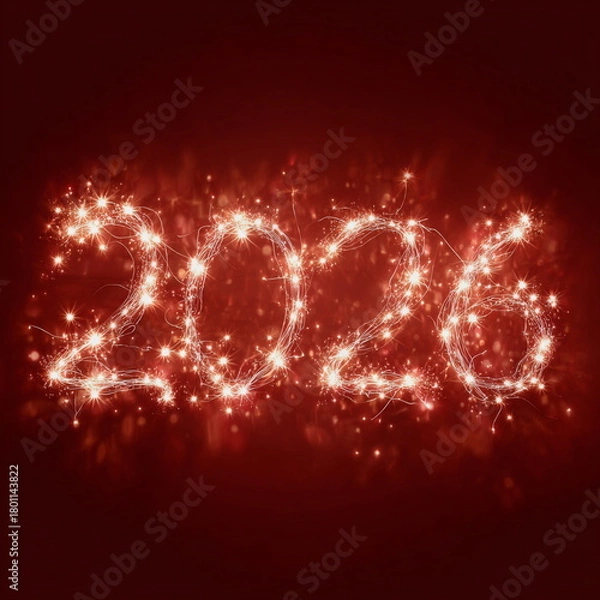 Fototapeta Warm glowing lights shape the number 2026 on a rich red background, creating a cozy festive atmosphere. Perfect for Christmas ads, New Year cards, holiday banners and seasonal creative projects.