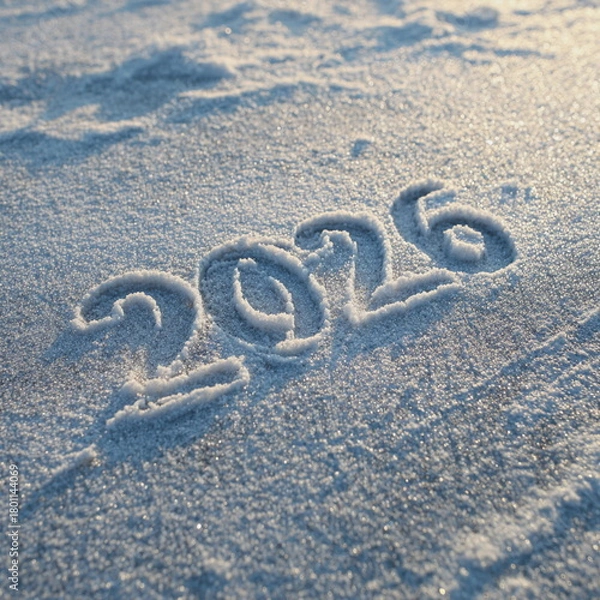 Fototapeta Snowy surface with the number 2026 carved into fresh white snow, creating a clean winter mood. Perfect for New Year themes, holiday banners, Christmas designs and seasonal advertising concepts.