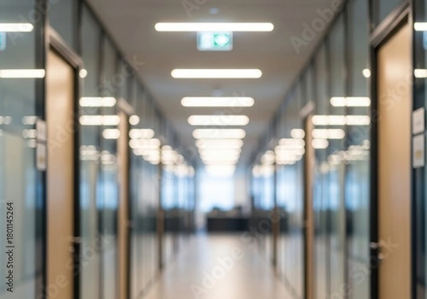 Obraz Blurred modern office hallway with glass panel and overhead light