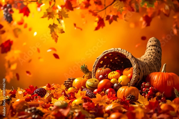 Fototapeta A festive abstract of Thanksgiving with autumn leaves and a cornucopia filled with various agricultural products against a warm orange background.