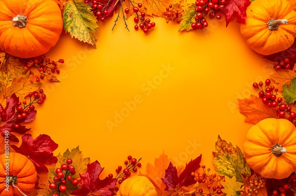 Obraz Festive colorful autumn decoration of pumpkins, berries and leaves, with light orange copy space. Concept of Thanksgiving day.