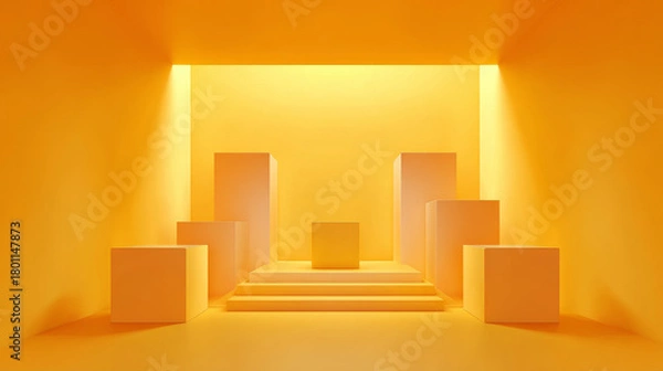 Fototapeta "Studio backgrounds with yellow walls for photography, featuring a simple vector set with bright gradient spotlights. Abstract light balance highlights products framed in a gray environment."