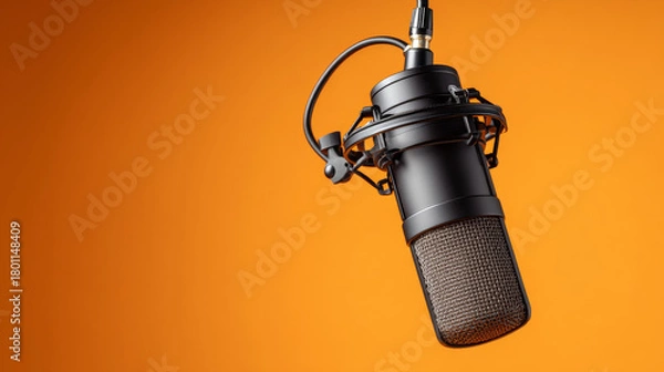 Fototapeta "Studio microphone with a black foam windscreen, suspended against an orange background, ideal for podcasting, broadcasting, or voice recording."