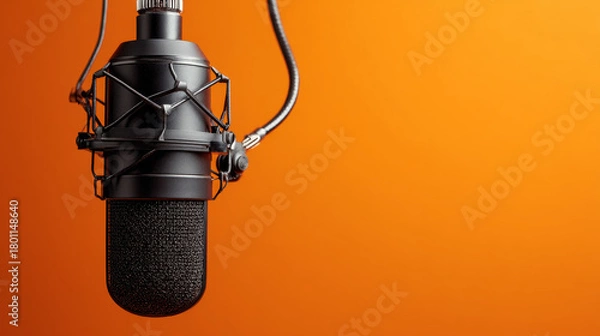 Fototapeta "Studio microphone with a black foam windscreen, suspended against an orange background, ideal for podcasting, broadcasting, or voice recording."