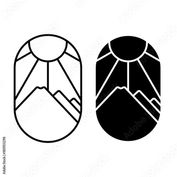 Fototapeta Vector graphic of mountain theme oval shape emblem logo with line art style and bold style on white background