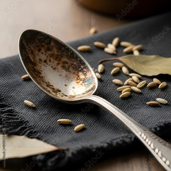 Obraz A close-up of a tarnished silver spoon with scattered sunflower seeds on a textured dark fabric surface, creating a rustic and natural aesthetic