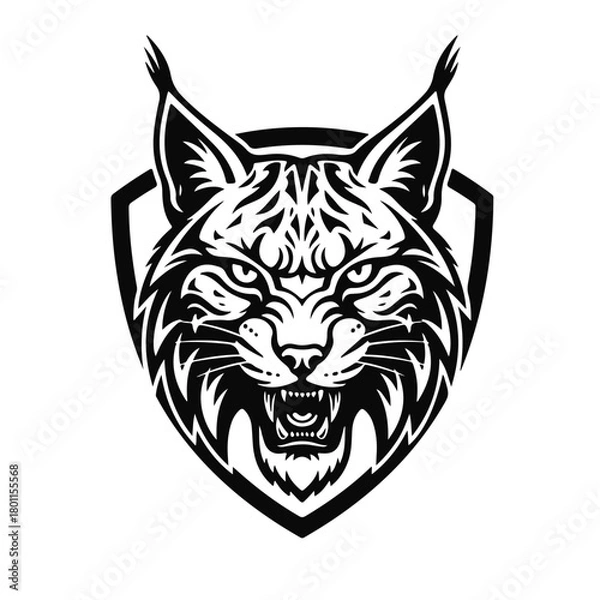 Obraz A logo featuring a stylized lynx head, executed in bold monochrome lines, showcasing its sharp features and wild expression. Lynx head, wild cat, predator logo, animal emblem, feline symbol
