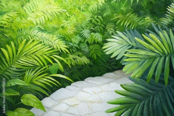 Obraz Walking Stone Path Through Tropical Green Forest with Vibrant Leaves
