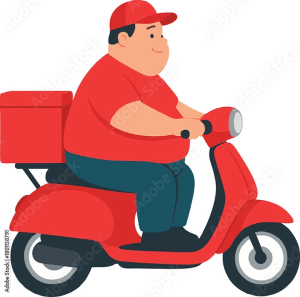 Obraz A cartoon illustration of a plump delivery man riding a red scooter with a red delivery box on the back.