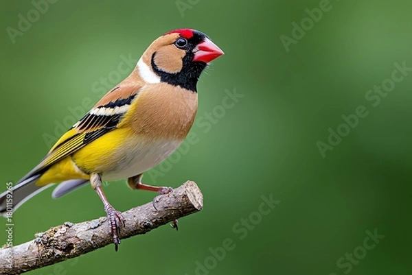 Obraz Colorful Goldfinch Bird Perching on Branch Against Soft Green Background