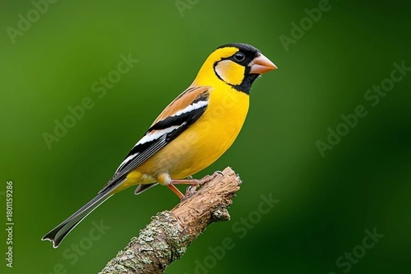 Fototapeta Evening Grosbeak Bird Perched on Branch with Colorful Plumage