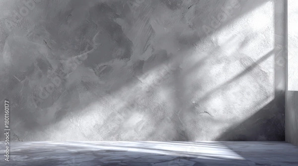 Fototapeta “White and grey studio wall background with soft window shadows, perfect for showcasing products or adding text.”