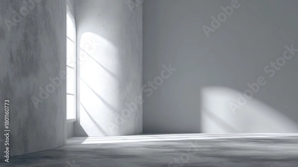 Fototapeta “White and grey studio wall background with soft window shadows, perfect for showcasing products or adding text.”