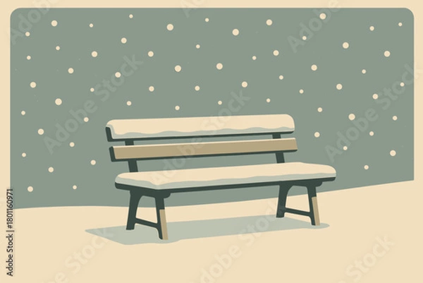 Fototapeta Snowy Park Bench. minimalist flat illustration of a park bench covered in fresh snow, snowflakes suspended mid