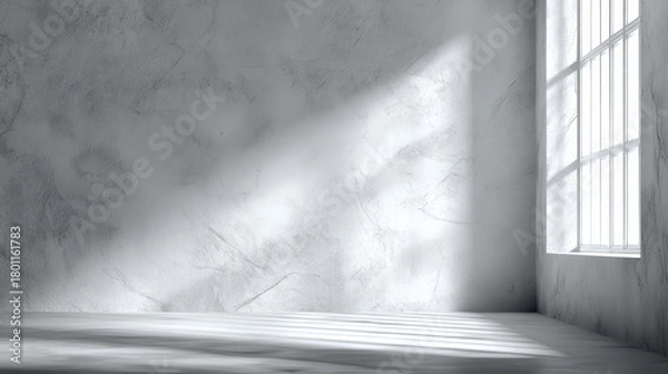 Fototapeta “White and grey studio wall background with soft window shadows, perfect for showcasing products or adding text.”