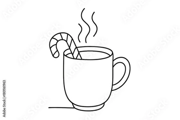 Obraz Minimalist Cocoa Drawing. Cozy Mug. Minimalistic one-line drawing steaming cocoa in cup with striped candy
