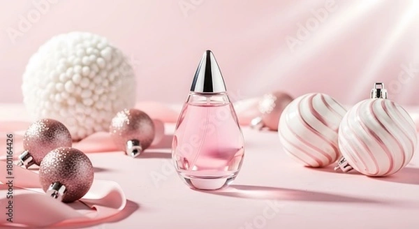 Fototapeta Elegant pink perfume bottle surrounded by festive ornaments and soft lighting