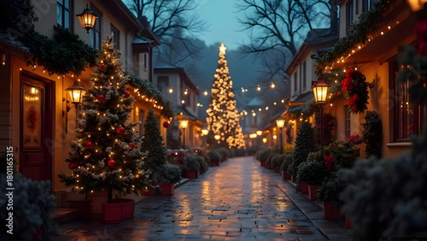 Fototapeta a cozy, illuminated street at dusk, with Christmas lights strung overhead, a decorated tree
