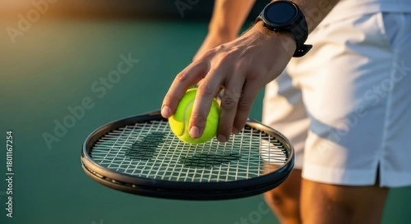 Obraz Close-up of Tennis Player's Hand Placing Ball on Racket Strings Before Serving on Outdoor Court.