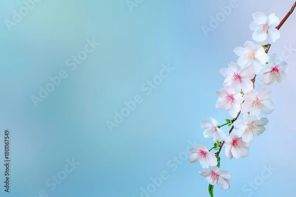 Fototapeta Blooming Cherry Blossom Branch on Soft Blue Background Perfect for Spring