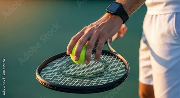 Obraz Close-up of Tennis Player's Hand Placing Ball on Racket Strings Before Serving on Outdoor Court.