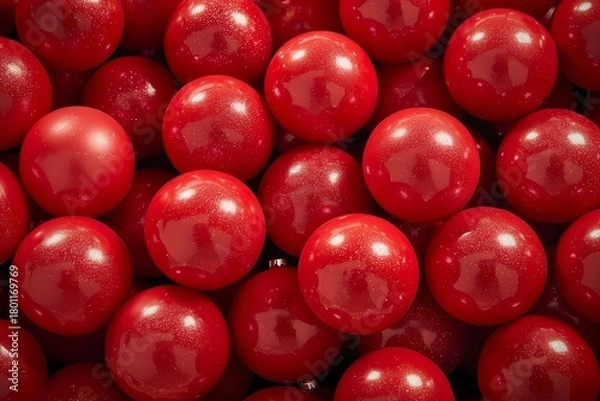 Fototapeta Festive Red Ornament Balls with Shiny Surface, Holiday Decoration Concept