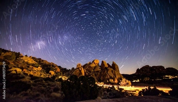 Obraz Star trails over rocky landscape under a dark sky.