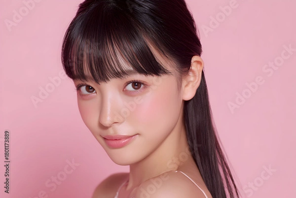 Obraz ピンク背景の若い女性ビューティーポートレート、ツヤ肌ナチュラルメイクのコスメ広告向け