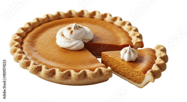 Fototapeta Delicious homemade pumpkin pie slice topped with whipped cream, perfect for holiday menus. isolated PNG with Transparent Background