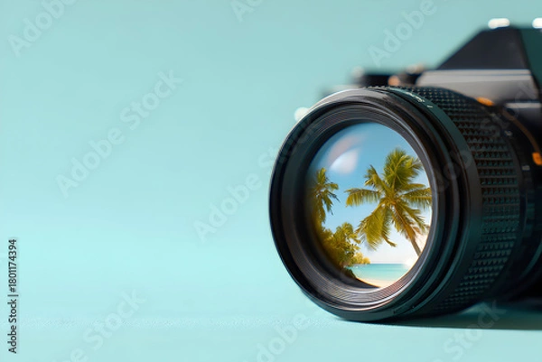 Fototapeta カメラレンズに映り込むトロピカルビーチの風景、ターコイズ背景のトラベルコンセプトビジュアル