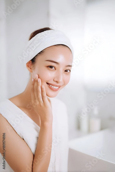 Obraz スキンケア タオルヘアバンドの若い女性が洗顔後に頬をなでながら微笑むクリーンビューティーライフスタイル
