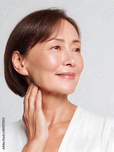 Fototapeta エイジングケア シニア女性が首元に触れながら先を見つめるナチュラルメイクのマチュアビューティーポートレート