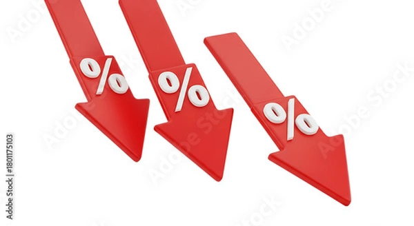 Fototapeta Illustration of three red arrows pointing down with percentage signs isolated on transparent background
