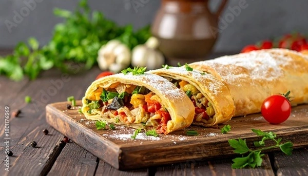 Obraz Savory Strudel Delight - A Culinary Masterpiece with Fresh Ingredients.