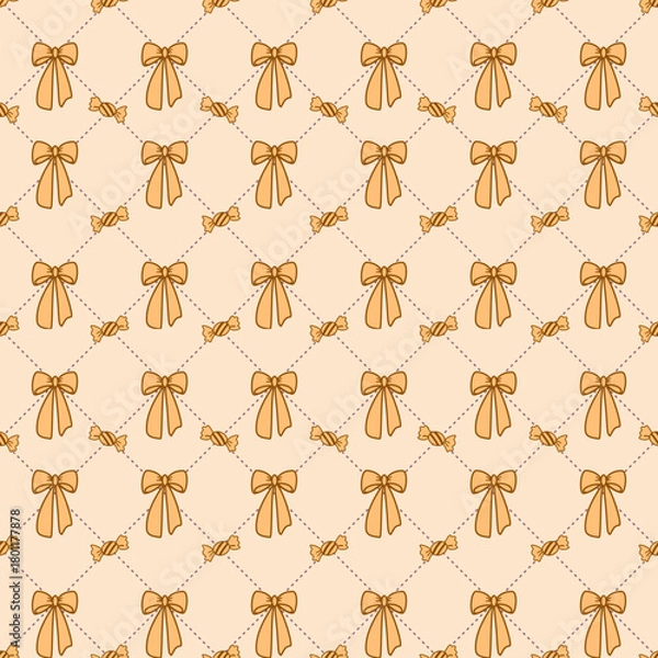 Obraz Golden seamless vector pattern with decorative ribbons and cute candies. Perfect for fabric designs, seamless backgrounds.