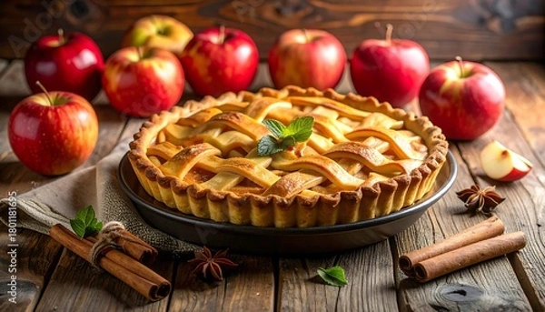 Obraz Delicious homemade apple pie with fresh apples and cinnamon.