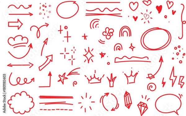 Fototapeta collection of red, hand-drawn doodles and sketches,  These illustrations are commonly used to add a casual, expressive, or decorative touch to digital content. 