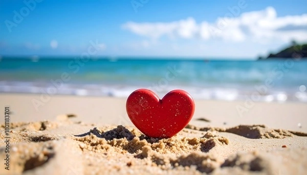 Fototapeta Red heart on sandy beach with ocean backdrop.