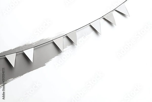 Fototapeta White triangular flags strung diagonally across minimalist gray and white background, clean modern design.
