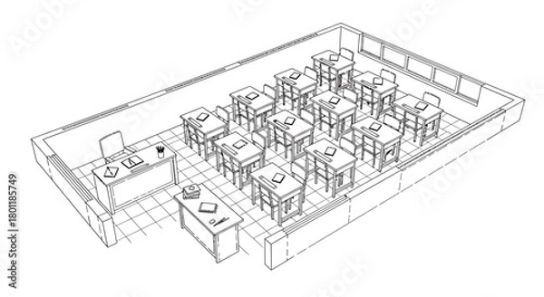 Fototapeta Classroom interior with desks and chairs arranged for learning.