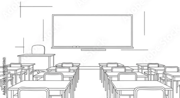 Fototapeta Classroom Interior with Desks and Whiteboard Outline.