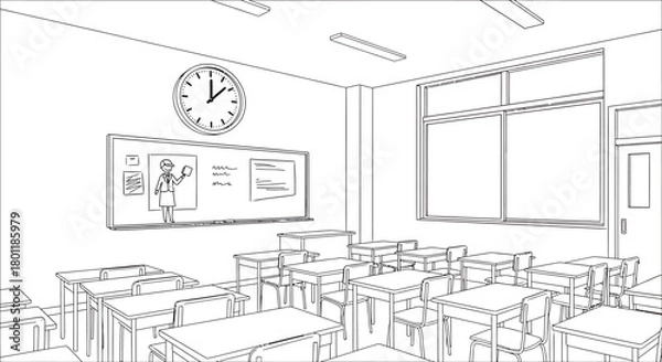 Fototapeta Classroom Interior with Desks, Blackboard, and Clock in Line Art Style.