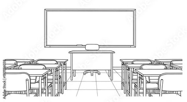 Fototapeta Classroom Interior with Desks, Teachers Table, and Whiteboard Illustration.