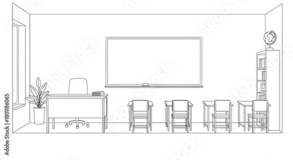 Fototapeta Classroom Interior with Whiteboard and Desks for Education.