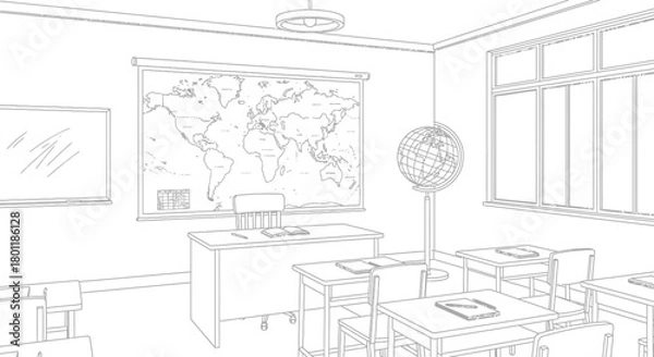 Fototapeta Classroom interior with world map and globe for geography education.